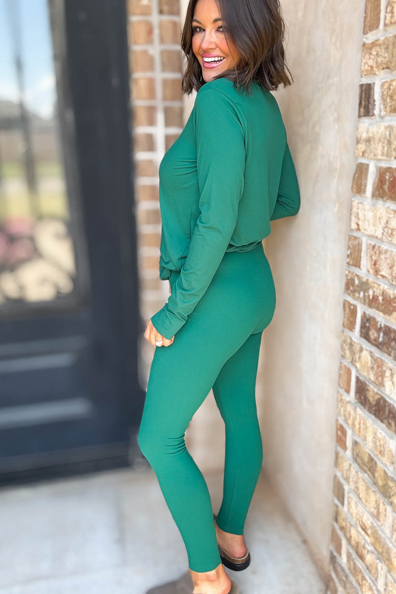 Microfiber Hunter Green Round Neck Top & Leggings Set