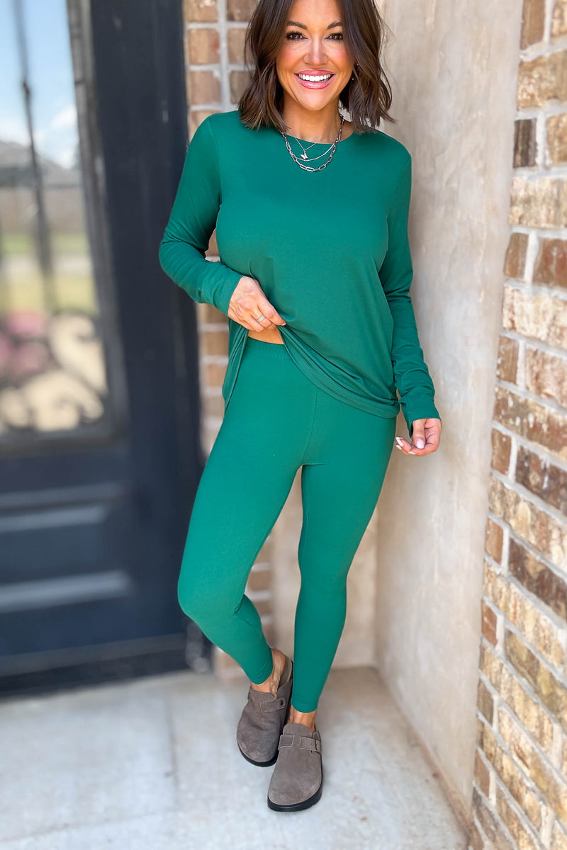 Microfiber Hunter Green Round Neck Top & Leggings Set