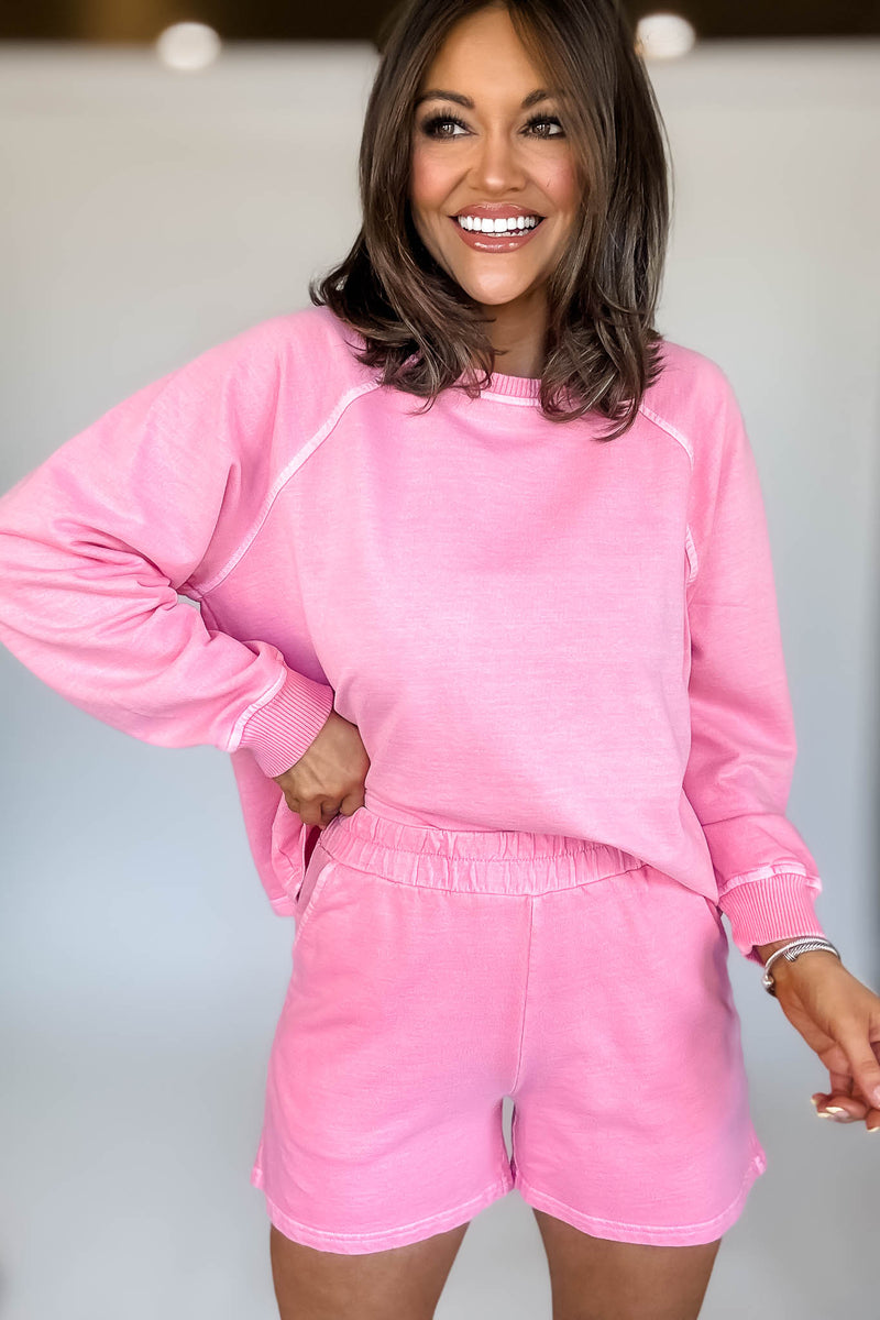 French Terry Candy Pink Pigment Dye And Enzyme Wash Shorts