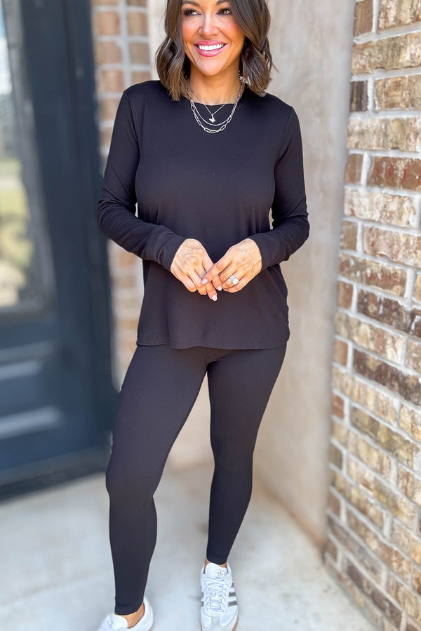 Microfiber Black Round Neck Top & Leggings Set