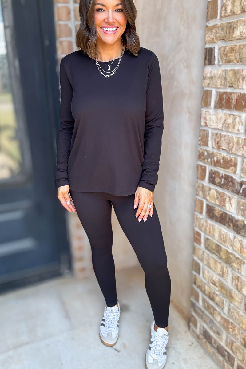 Microfiber Black Round Neck Top & Leggings Set