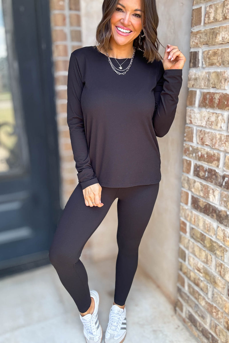 Microfiber Black Round Neck Top & Leggings Set