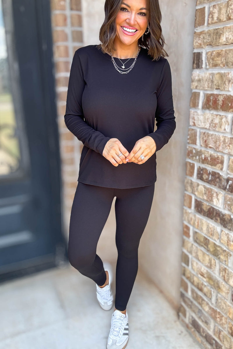 Microfiber Black Round Neck Top & Leggings Set
