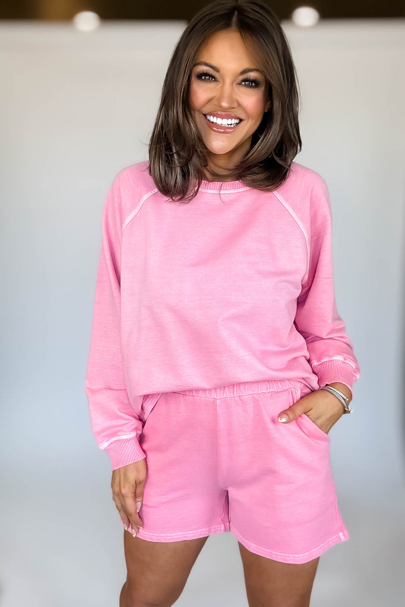 French Terry Candy Pink Pigment Dye And Enzyme Wash Top