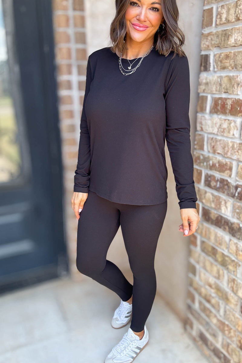 Microfiber Black Round Neck Top & Leggings Set