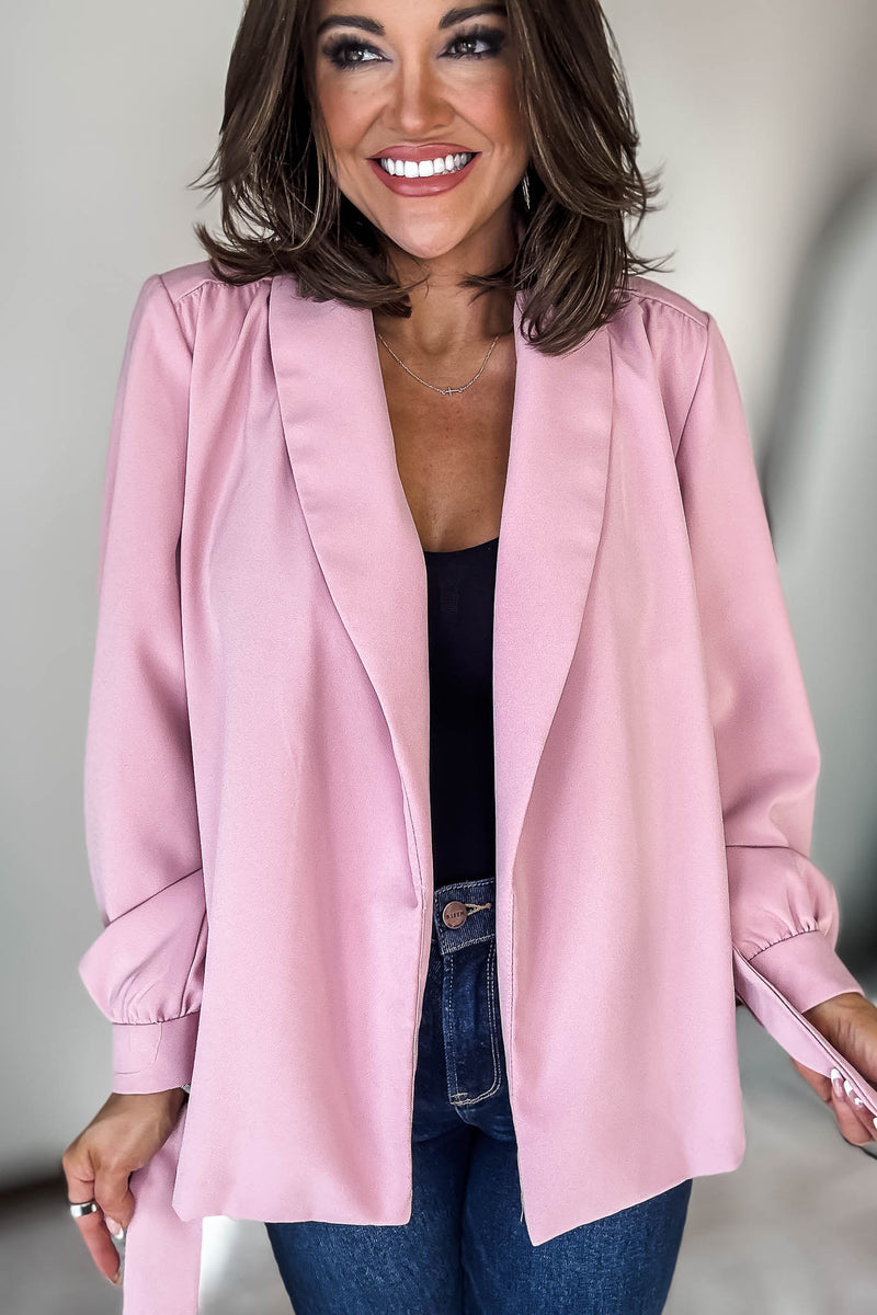 Pink Waist Tie Bubble Sleeve Jacket