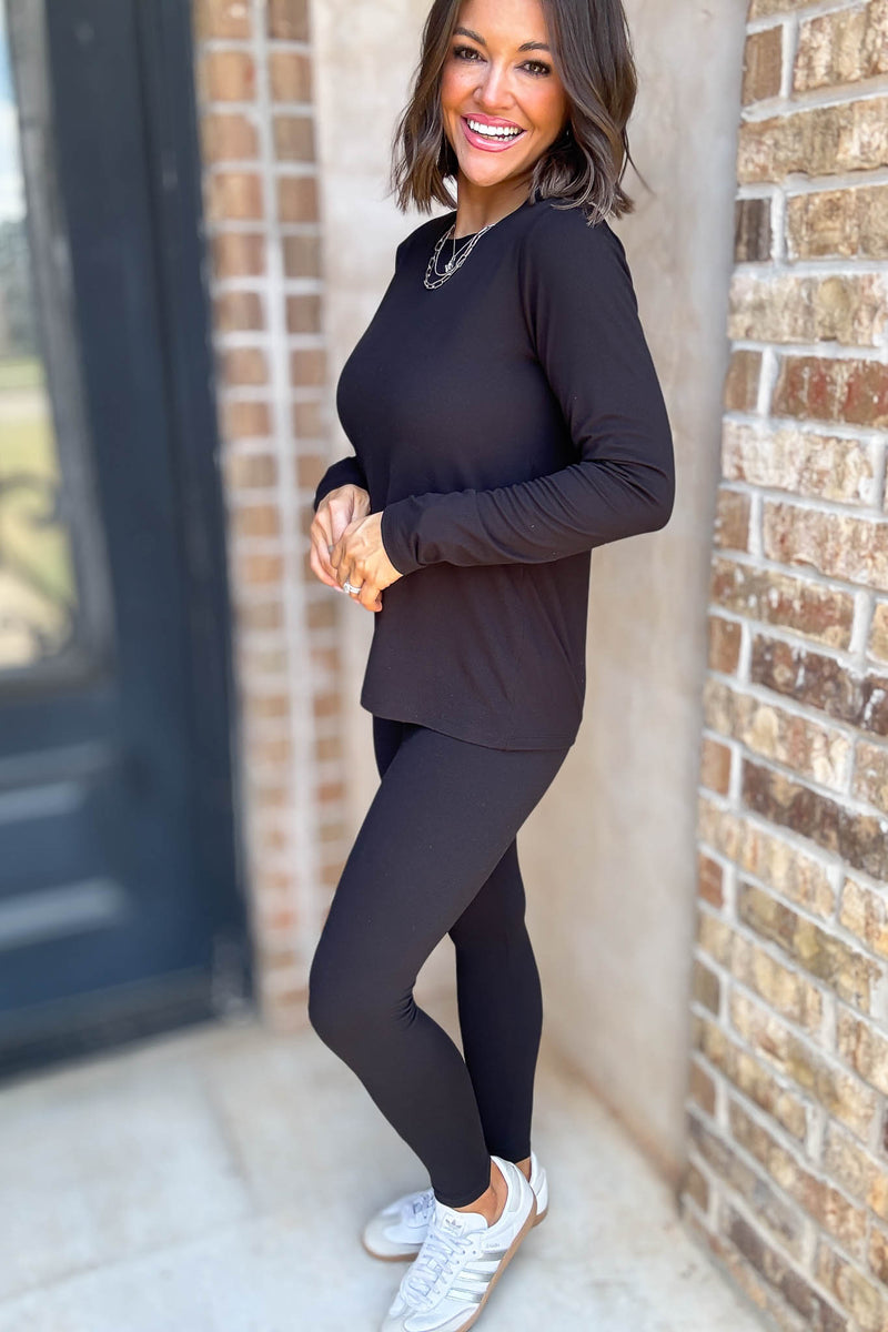 Microfiber Black Round Neck Top & Leggings Set