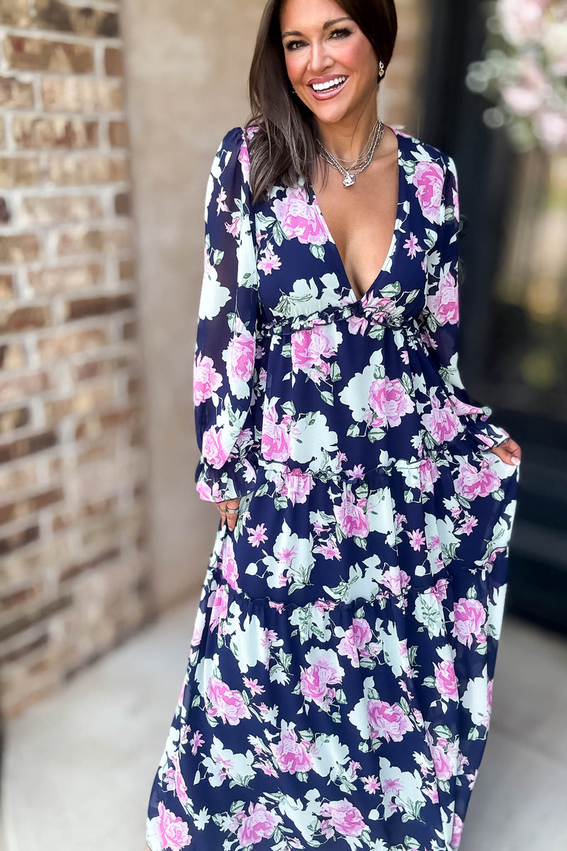 Navy Floral Print Maxi Dress
