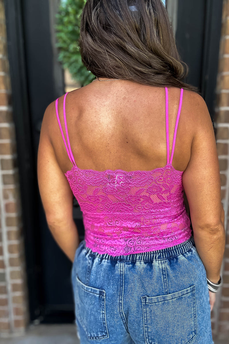 Serena Lace V Neck Fuchsia Tank Top with Dual Spaghetti Strap