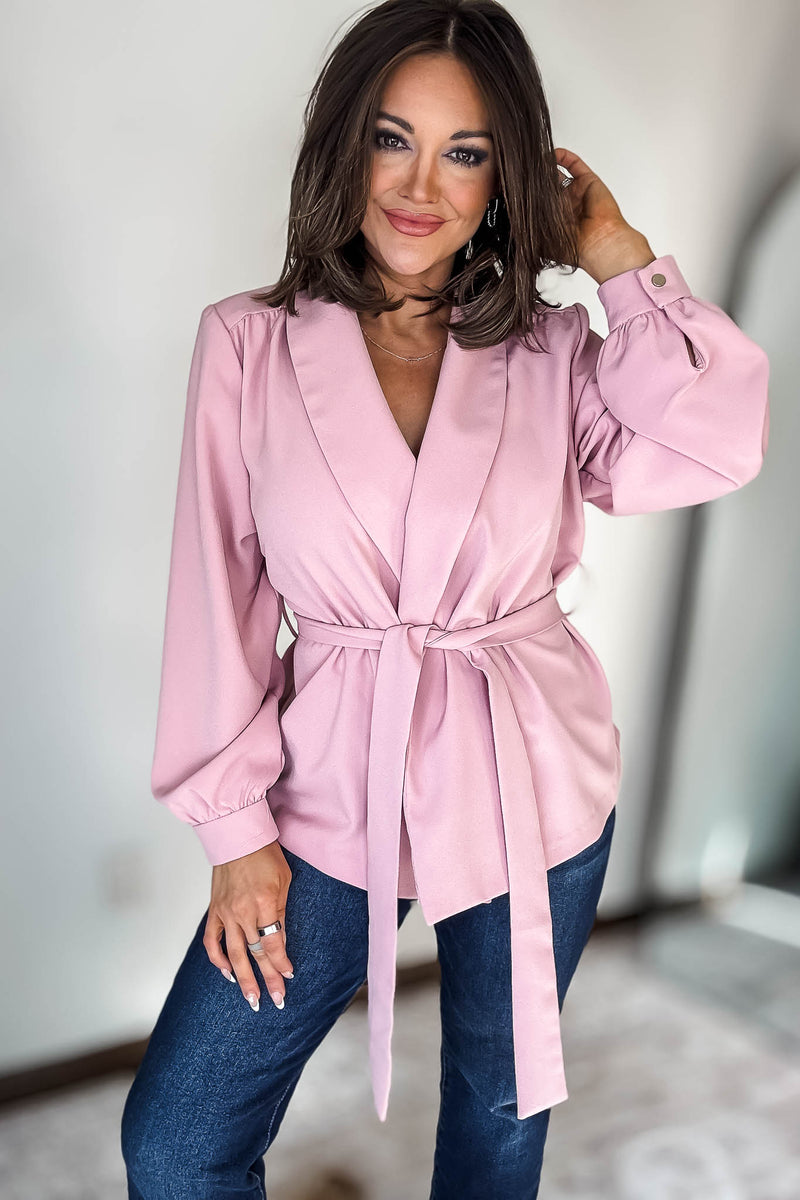 Pink Waist Tie Bubble Sleeve Jacket