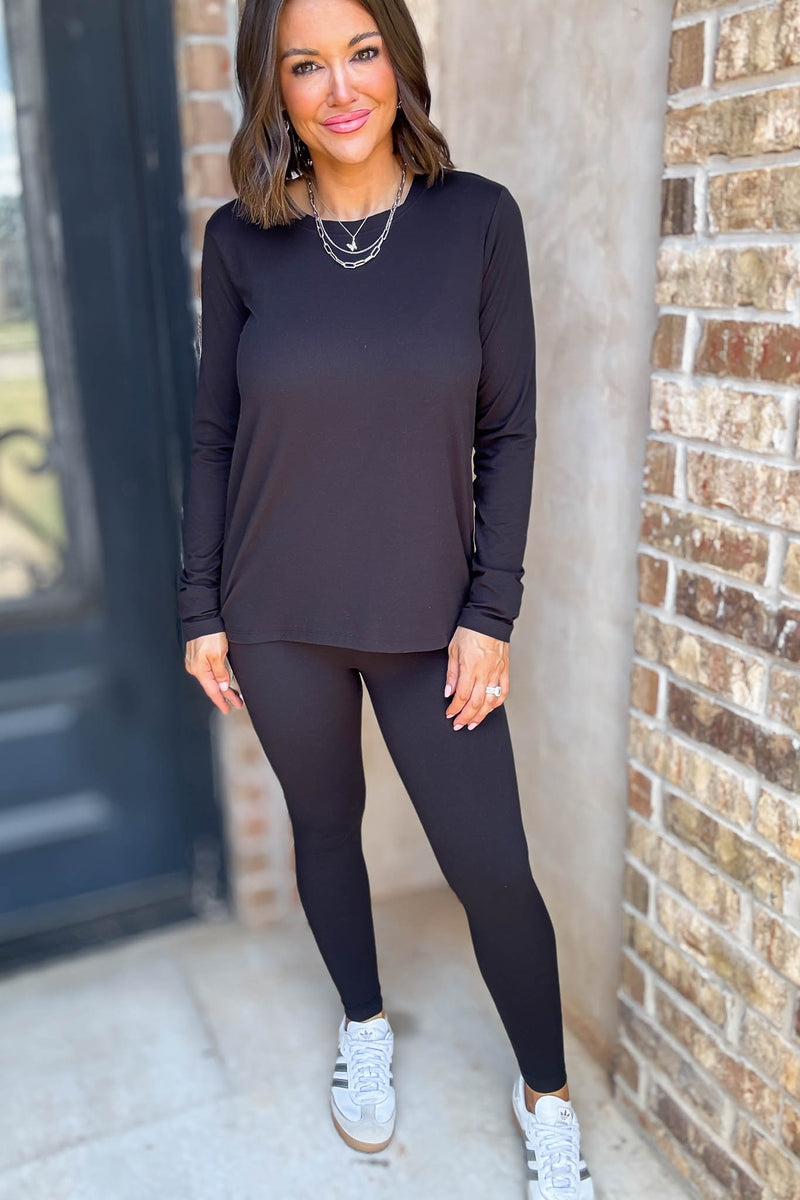Microfiber Black Round Neck Top & Leggings Set