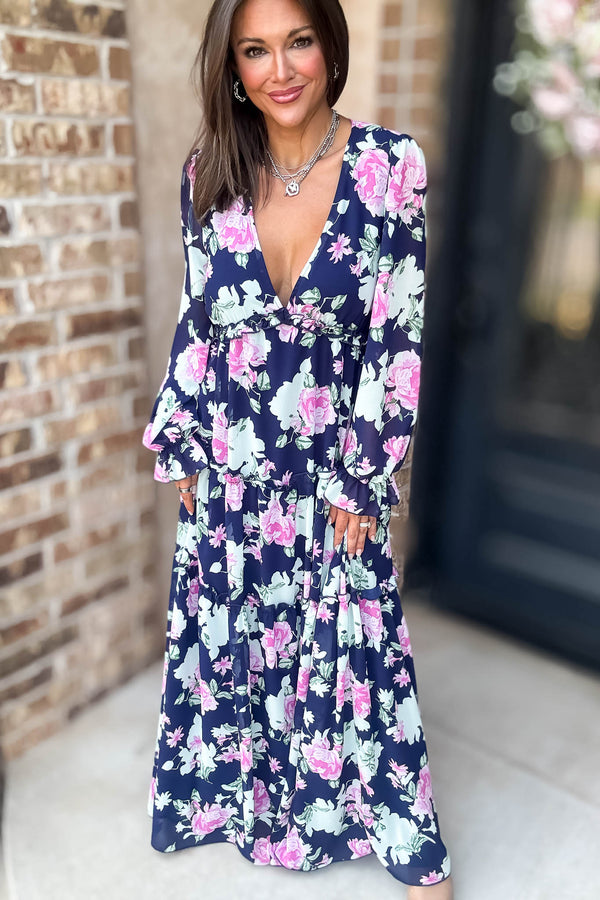 Navy Floral Print Maxi Dress