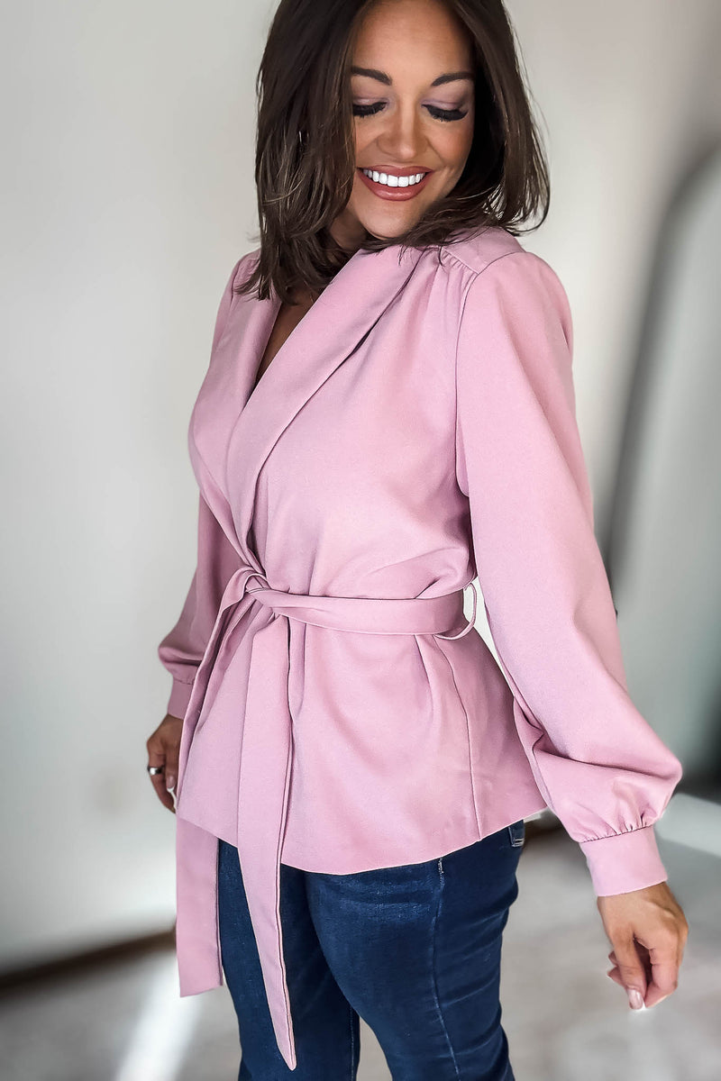 Pink Waist Tie Bubble Sleeve Jacket