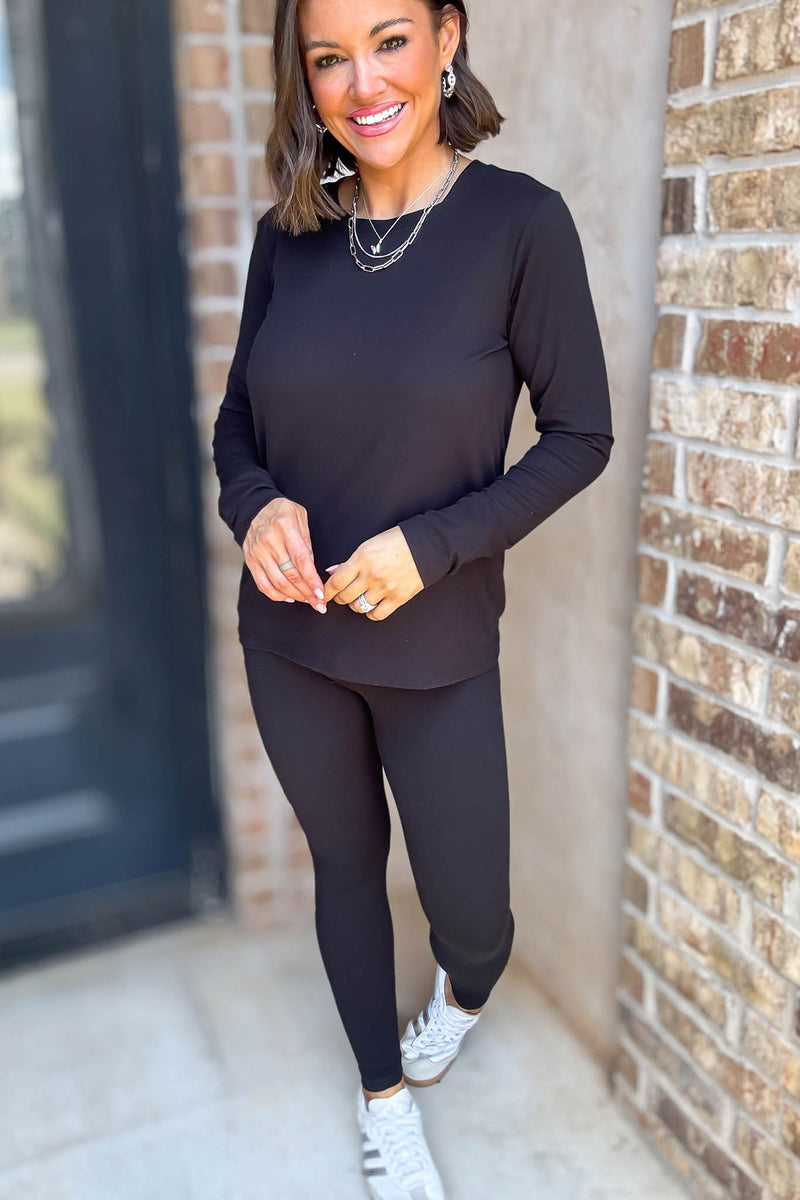 Microfiber Black Round Neck Top & Leggings Set