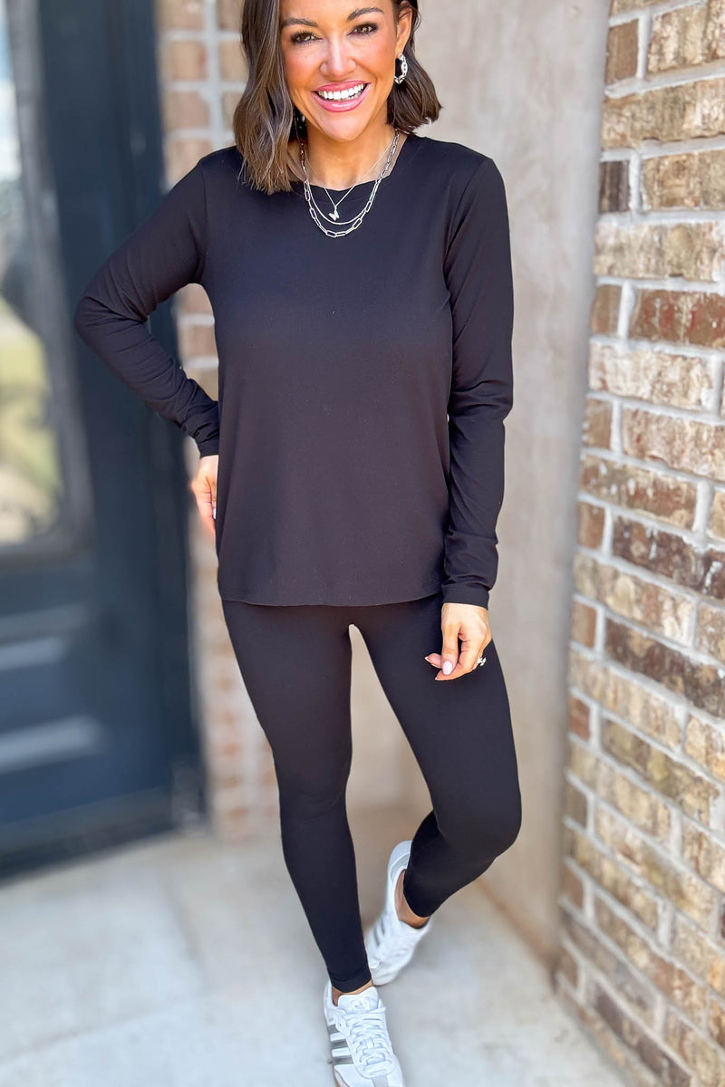 Microfiber Black Round Neck Top & Leggings Set