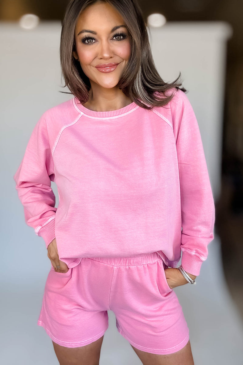 French Terry Candy Pink Pigment Dye And Enzyme Wash Top