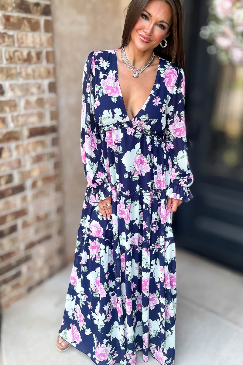 Navy Floral Print Maxi Dress