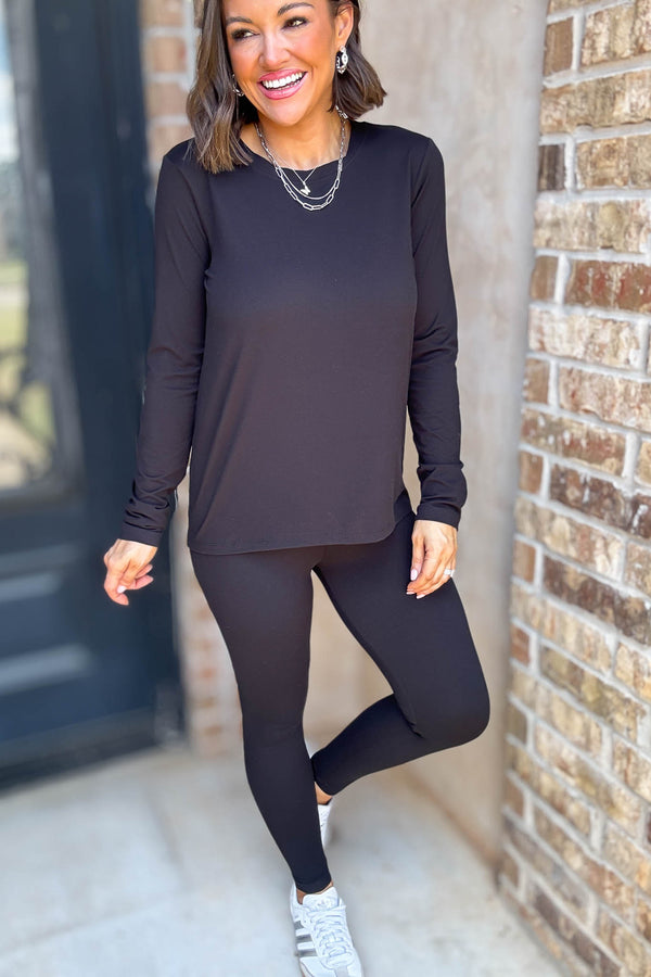 Microfiber Black Round Neck Top & Leggings Set