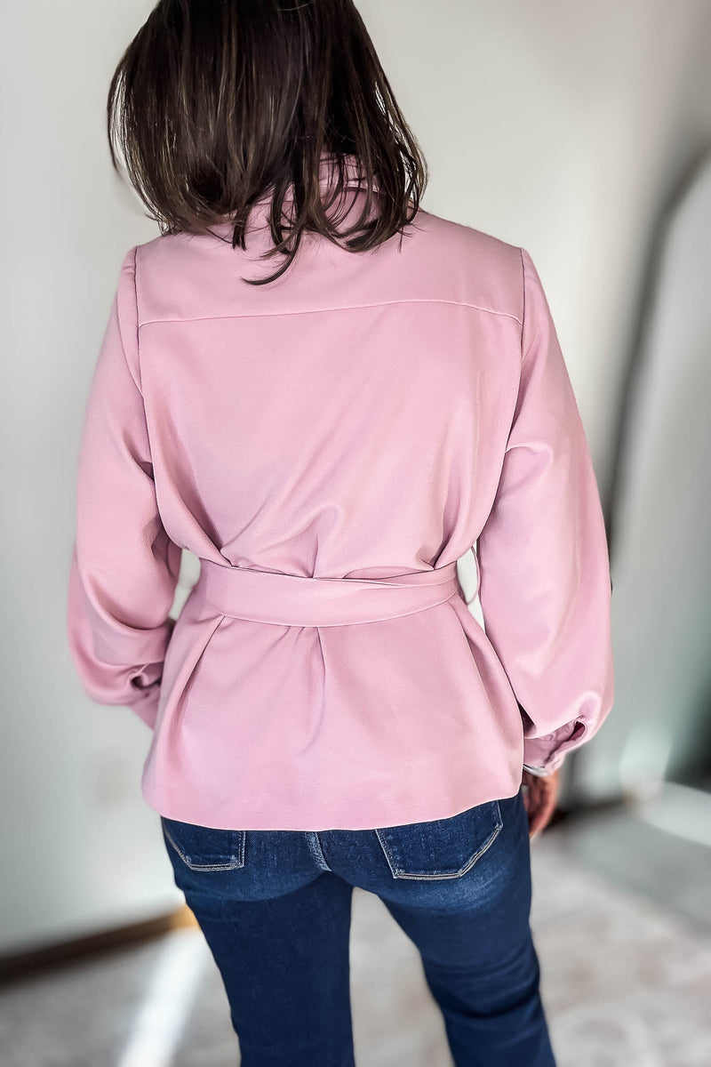 Pink Waist Tie Bubble Sleeve Jacket
