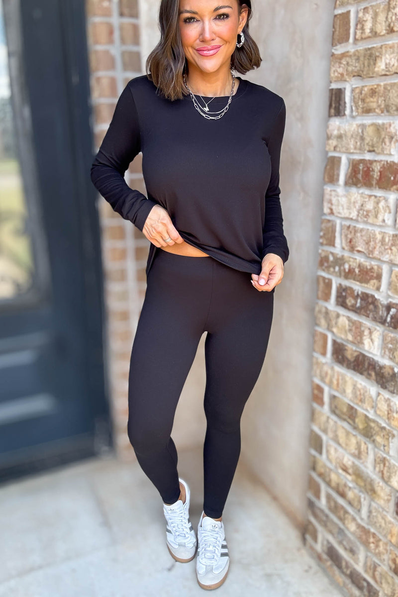Microfiber Black Round Neck Top & Leggings Set