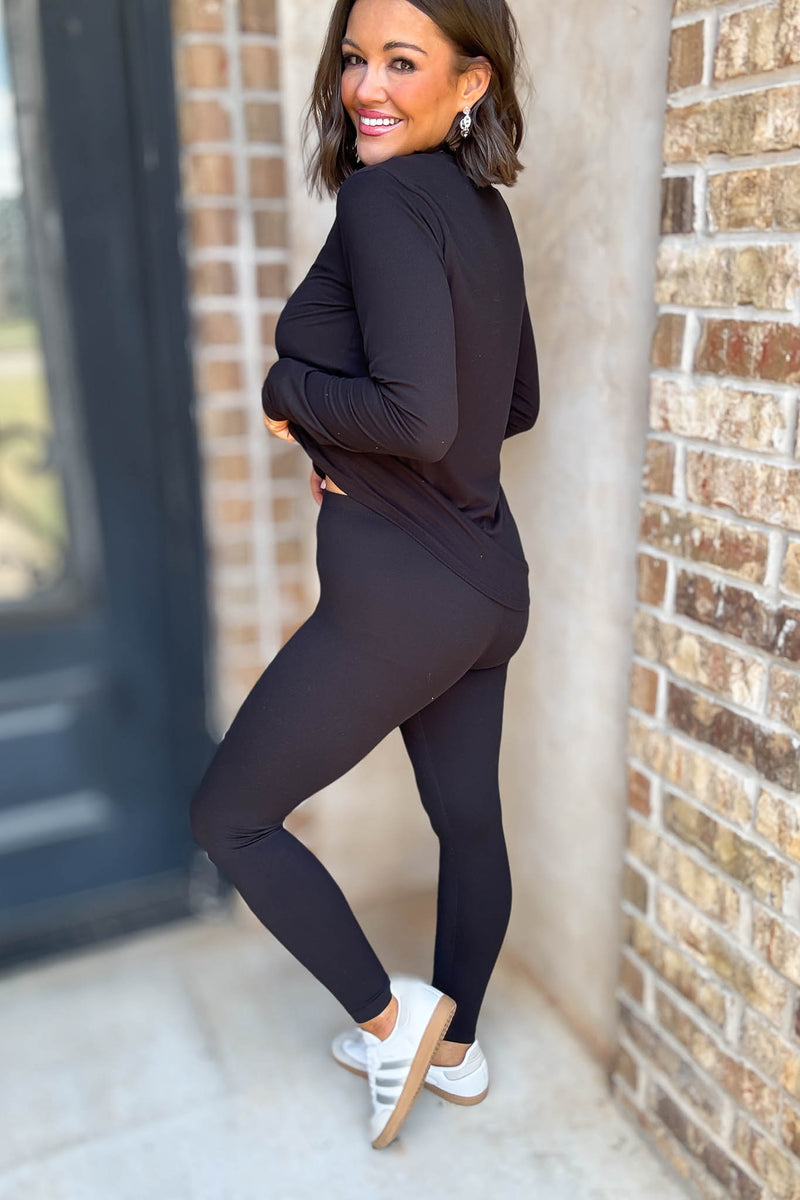 Microfiber Black Round Neck Top & Leggings Set