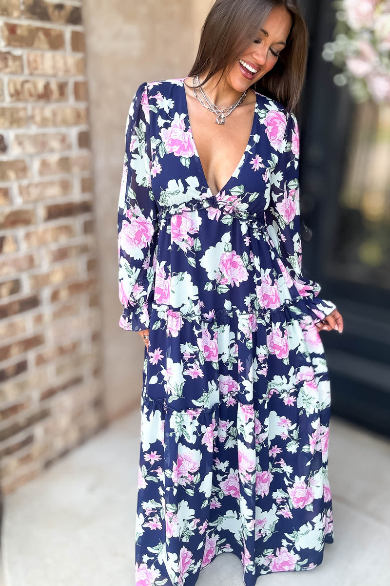 Navy Floral Print Maxi Dress
