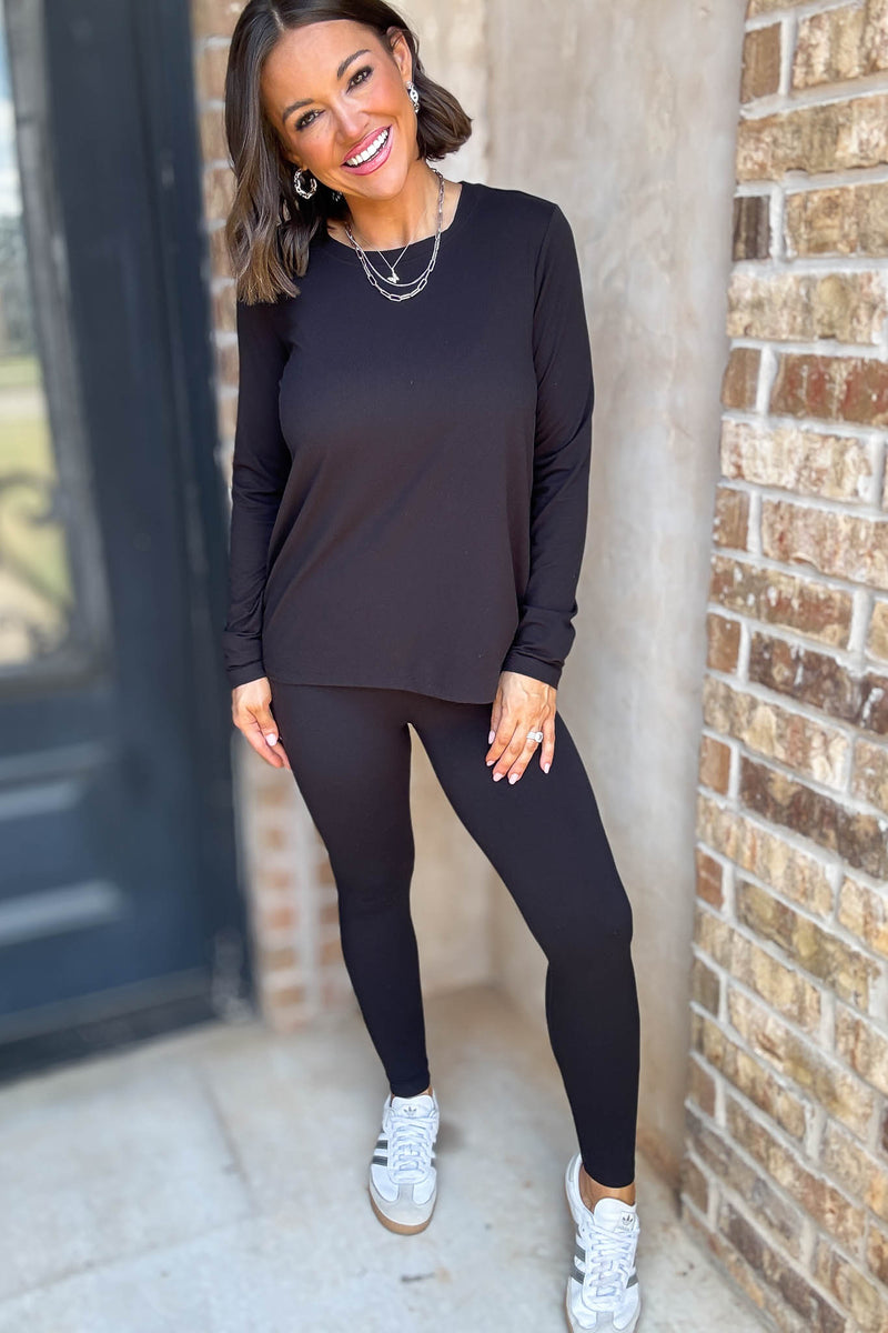 Microfiber Black Round Neck Top & Leggings Set