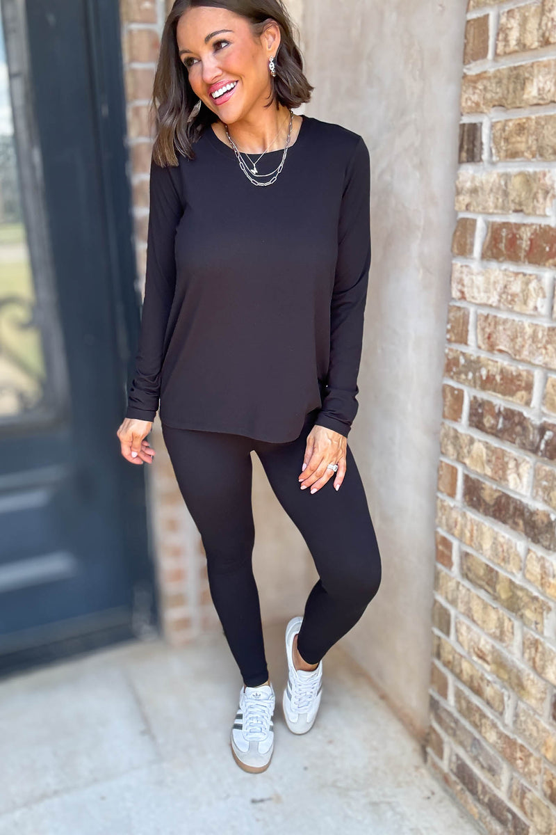 Microfiber Black Round Neck Top & Leggings Set
