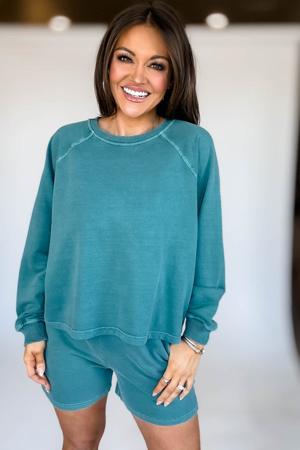 French Terry Teal Pigment Dye And Enzyme Wash Top