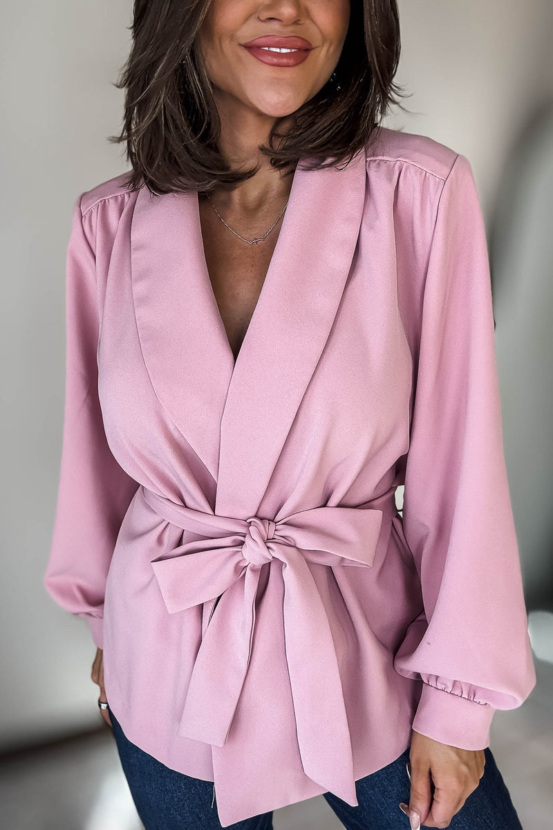 Pink Waist Tie Bubble Sleeve Jacket