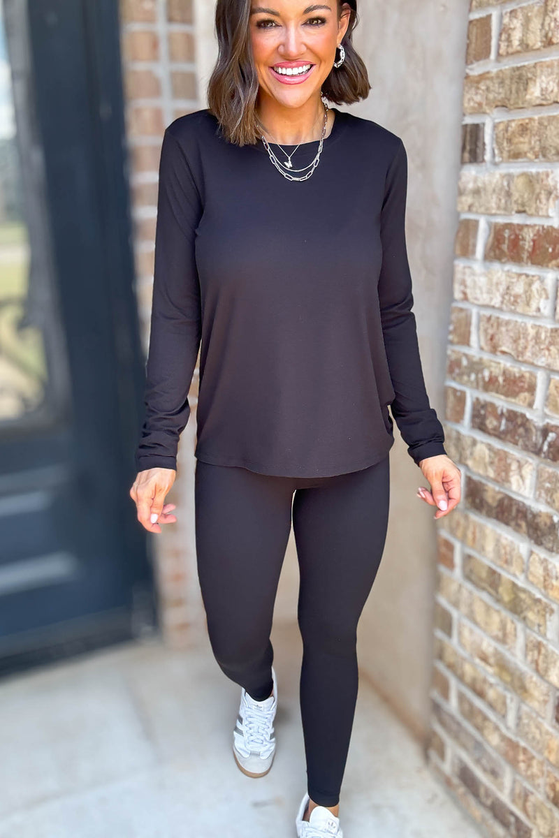 Microfiber Black Round Neck Top & Leggings Set