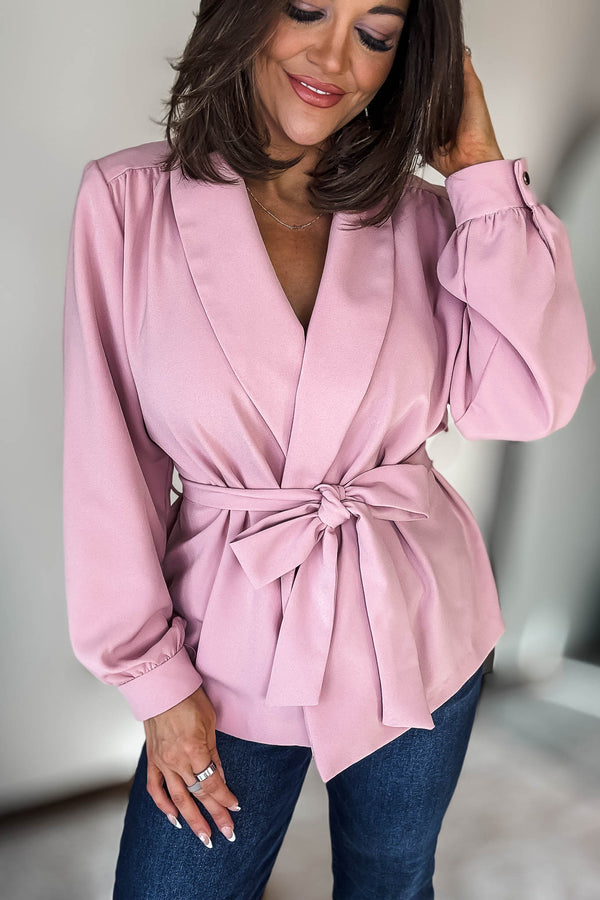 Pink Waist Tie Bubble Sleeve Jacket