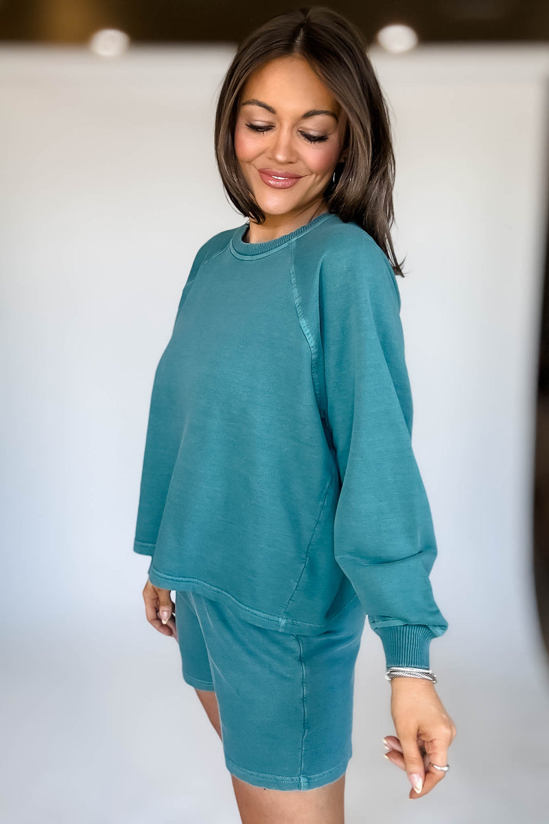 French Terry Teal Pigment Dye And Enzyme Wash Top