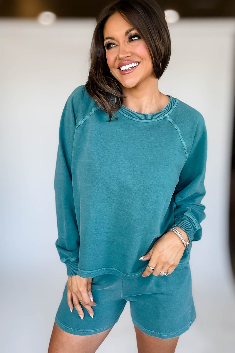 French Terry Teal Pigment Dye And Enzyme Wash Top
