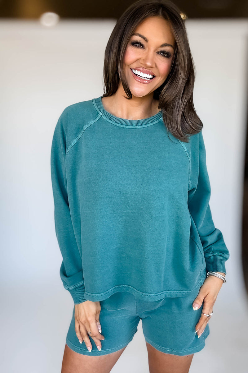 French Terry Teal Pigment Dye And Enzyme Wash Top