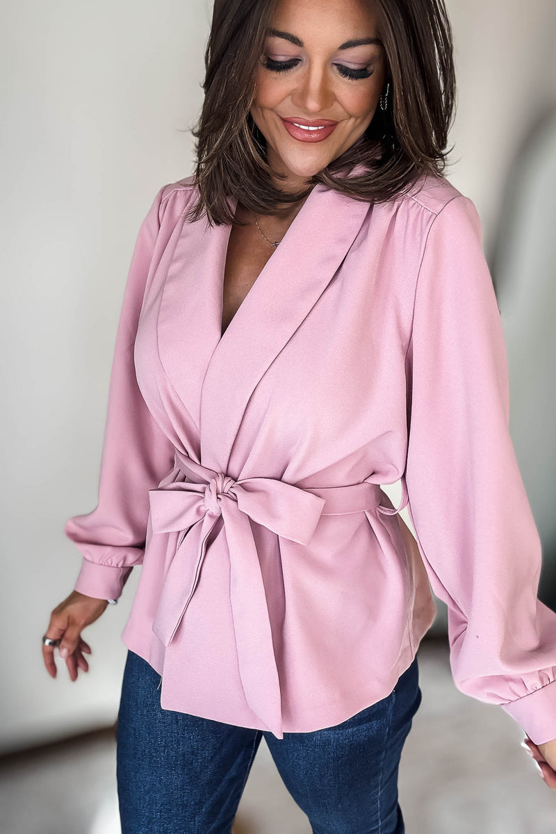 Pink Waist Tie Bubble Sleeve Jacket