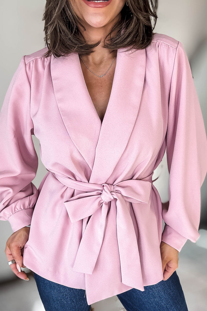Pink Waist Tie Bubble Sleeve Jacket