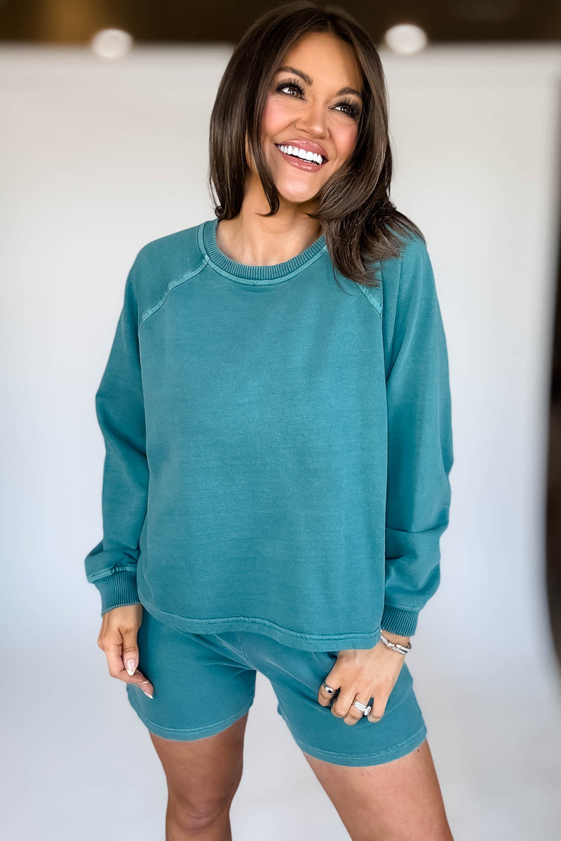 French Terry Teal Pigment Dye And Enzyme Wash Top