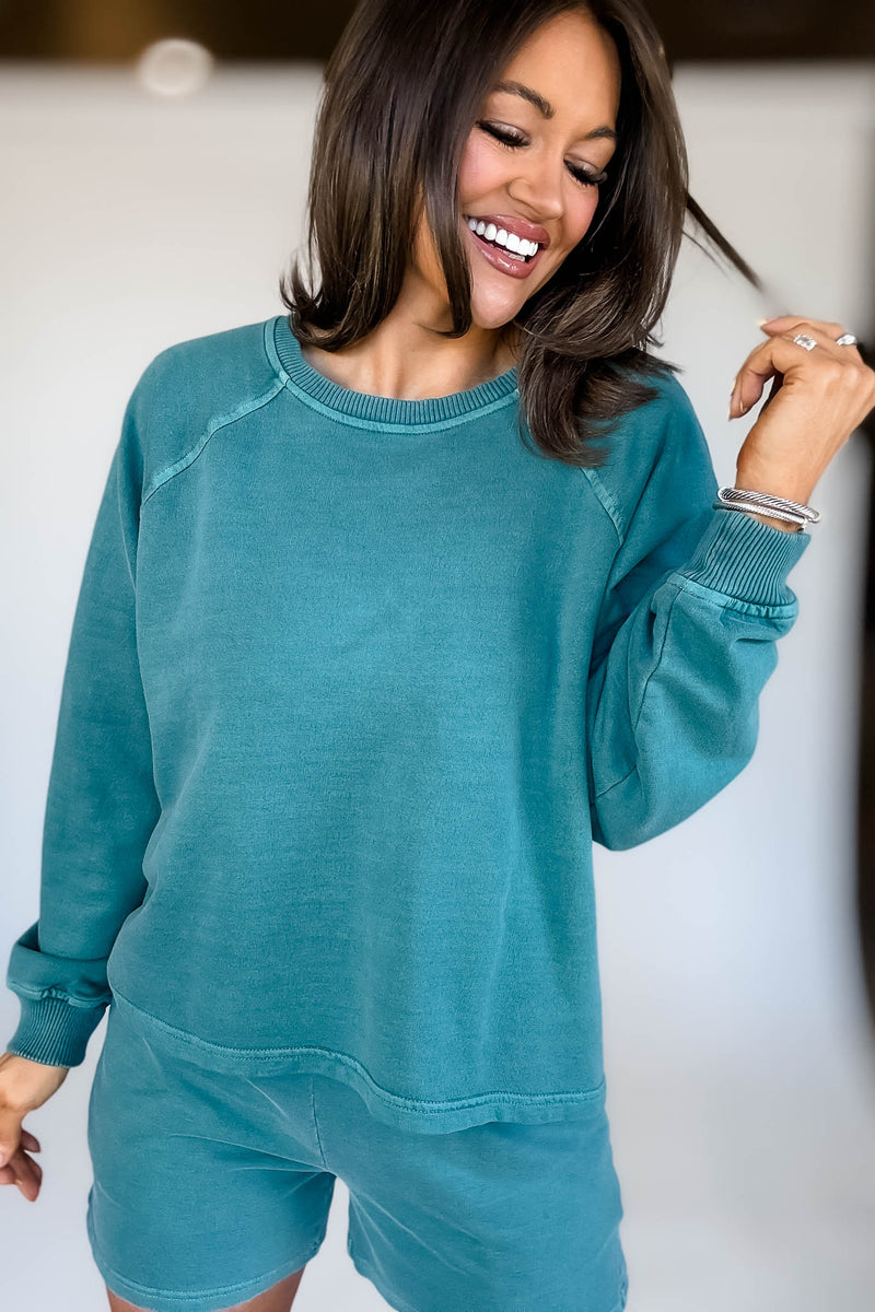 French Terry Teal Pigment Dye And Enzyme Wash Top