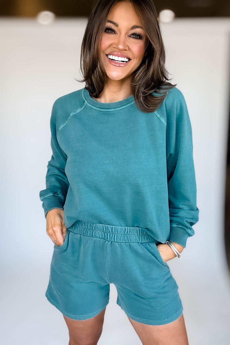 French Terry Teal Pigment Dye And Enzyme Wash Shorts