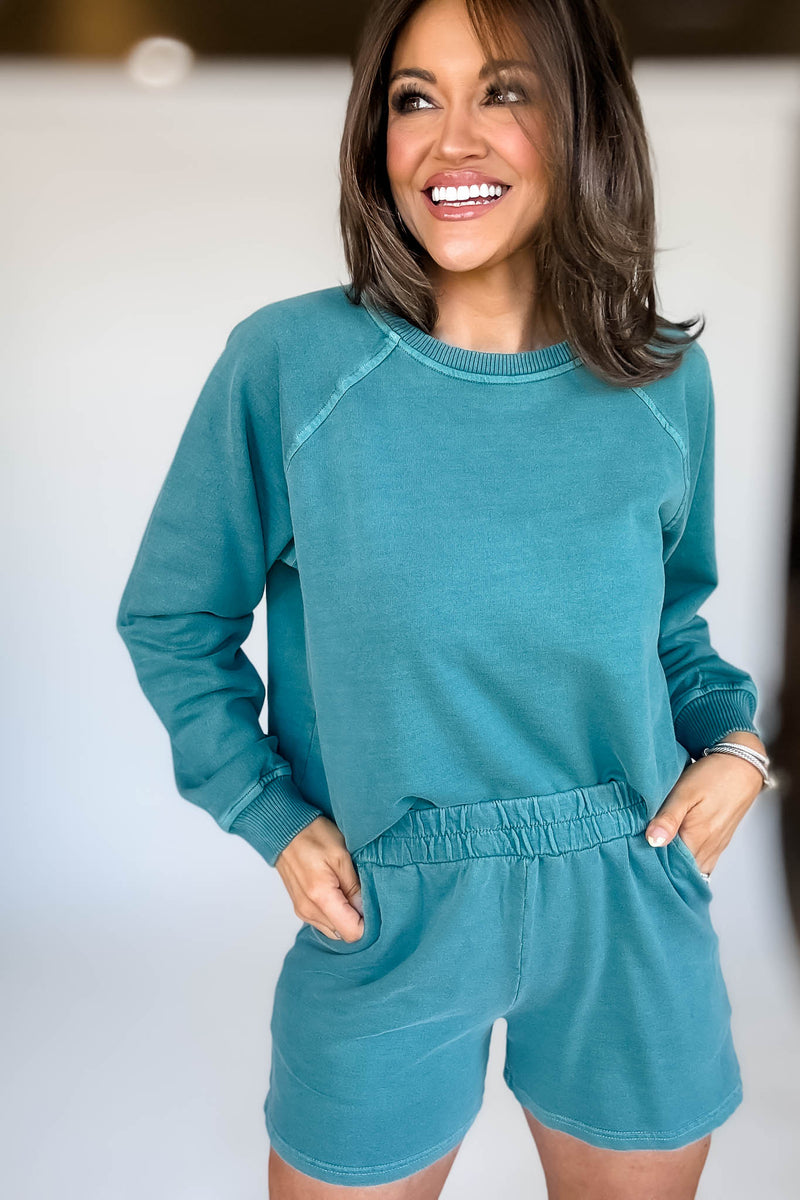 French Terry Teal Pigment Dye And Enzyme Wash Shorts