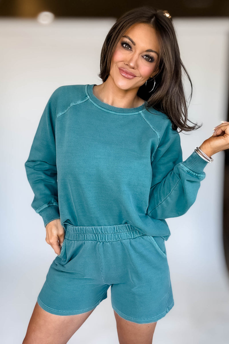 French Terry Teal Pigment Dye And Enzyme Wash Top