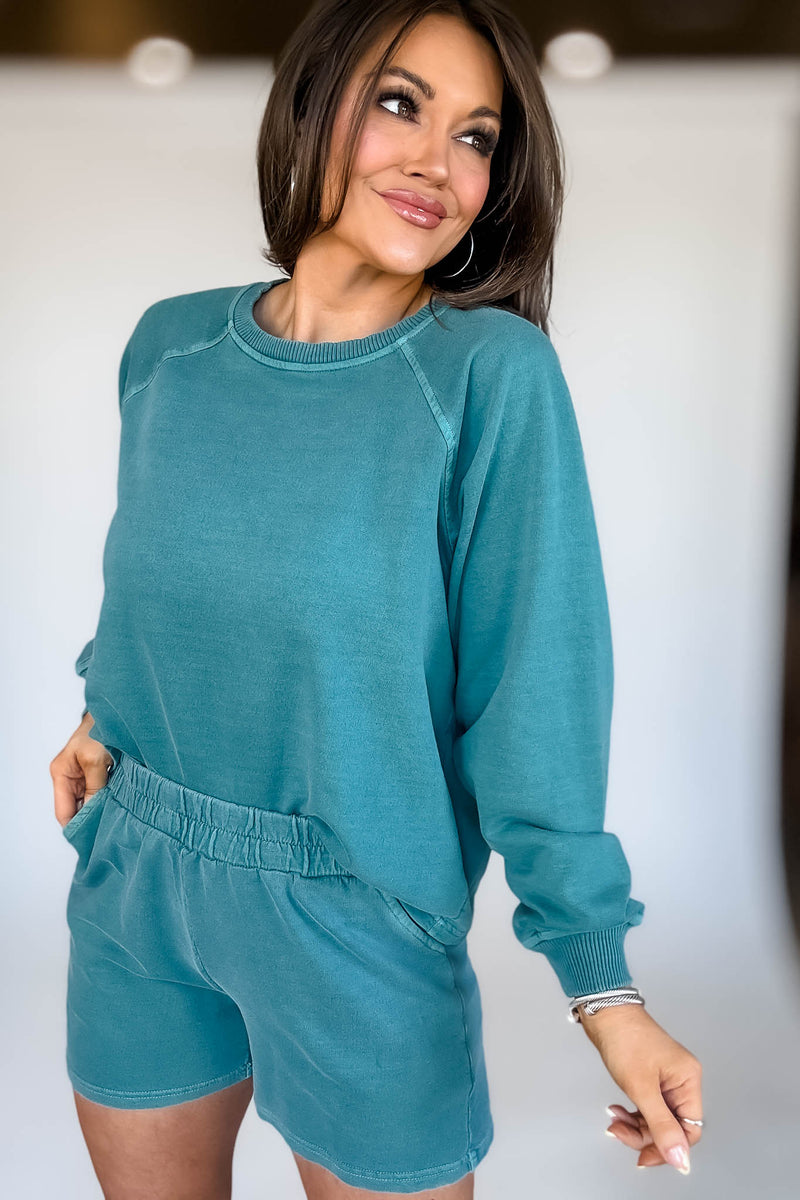 French Terry Teal Pigment Dye And Enzyme Wash Shorts