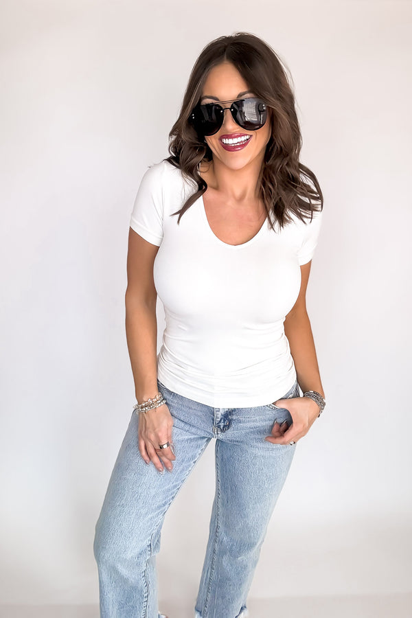Must Have Ivory Seamless V Neck Short Sleeve Top