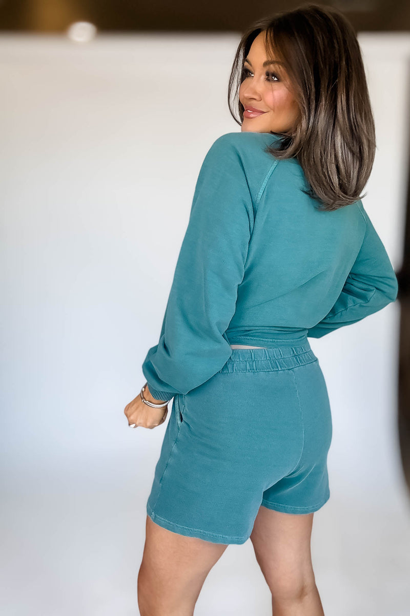 French Terry Teal Pigment Dye And Enzyme Wash Shorts