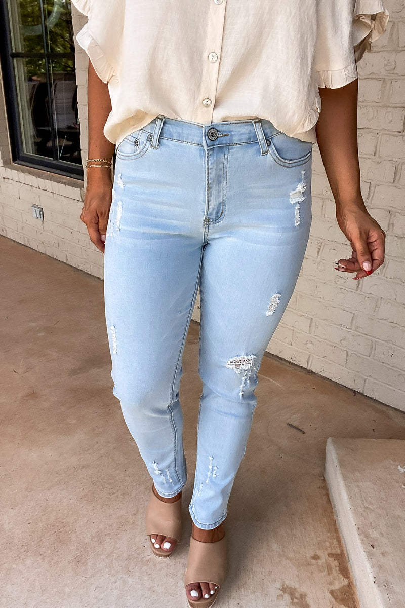 Heard A Rumor Light Wash Distressed Mom Jeans