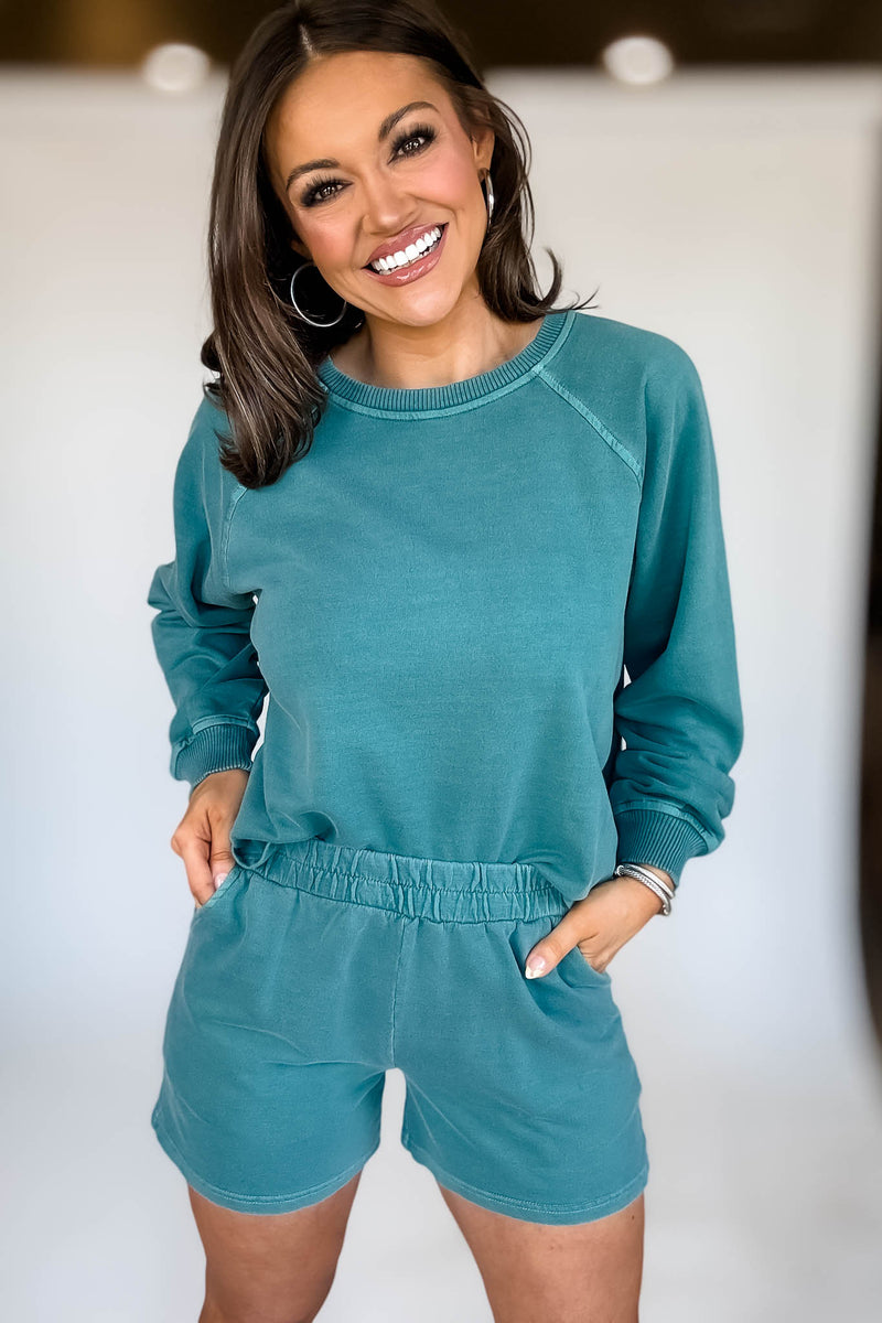 French Terry Teal Pigment Dye And Enzyme Wash Shorts
