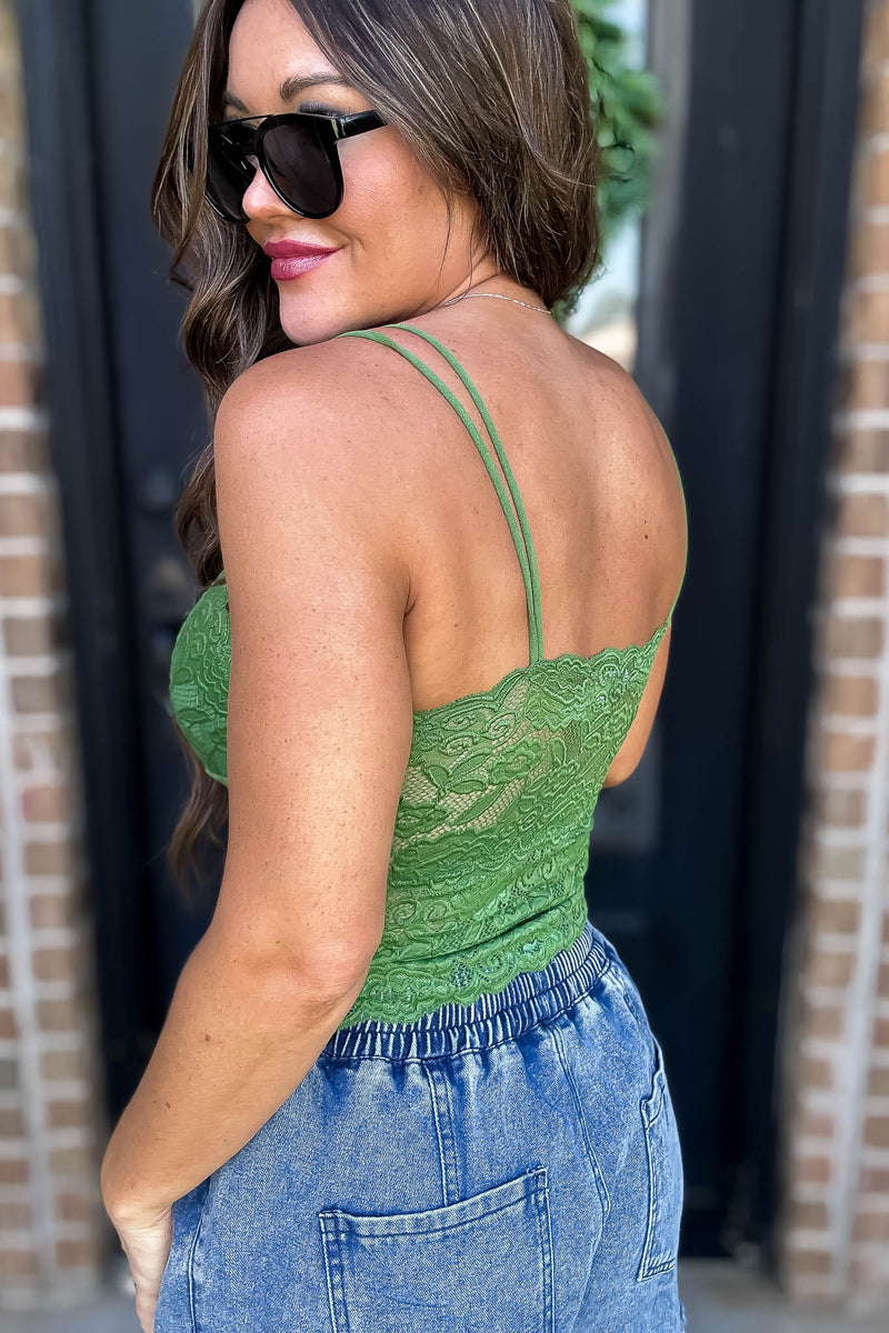 Serena Lace V Neck Green Tank Top with Dual Spaghetti Strap