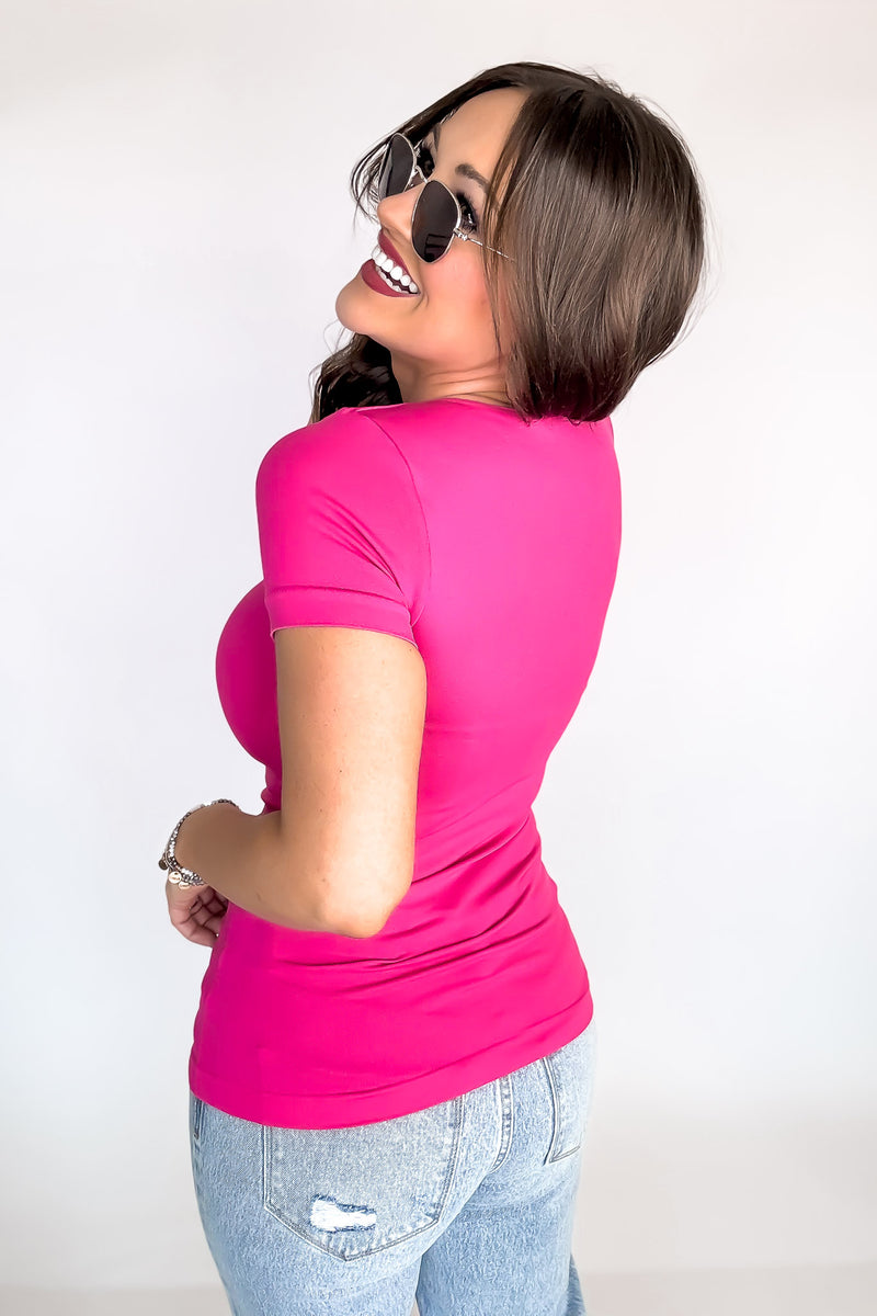 Must Have Hot Pink Seamless V Neck Short Sleeve Top