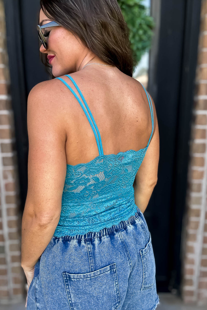 Serena Lace V Neck Blue Tank Top with Dual Spaghetti Strap